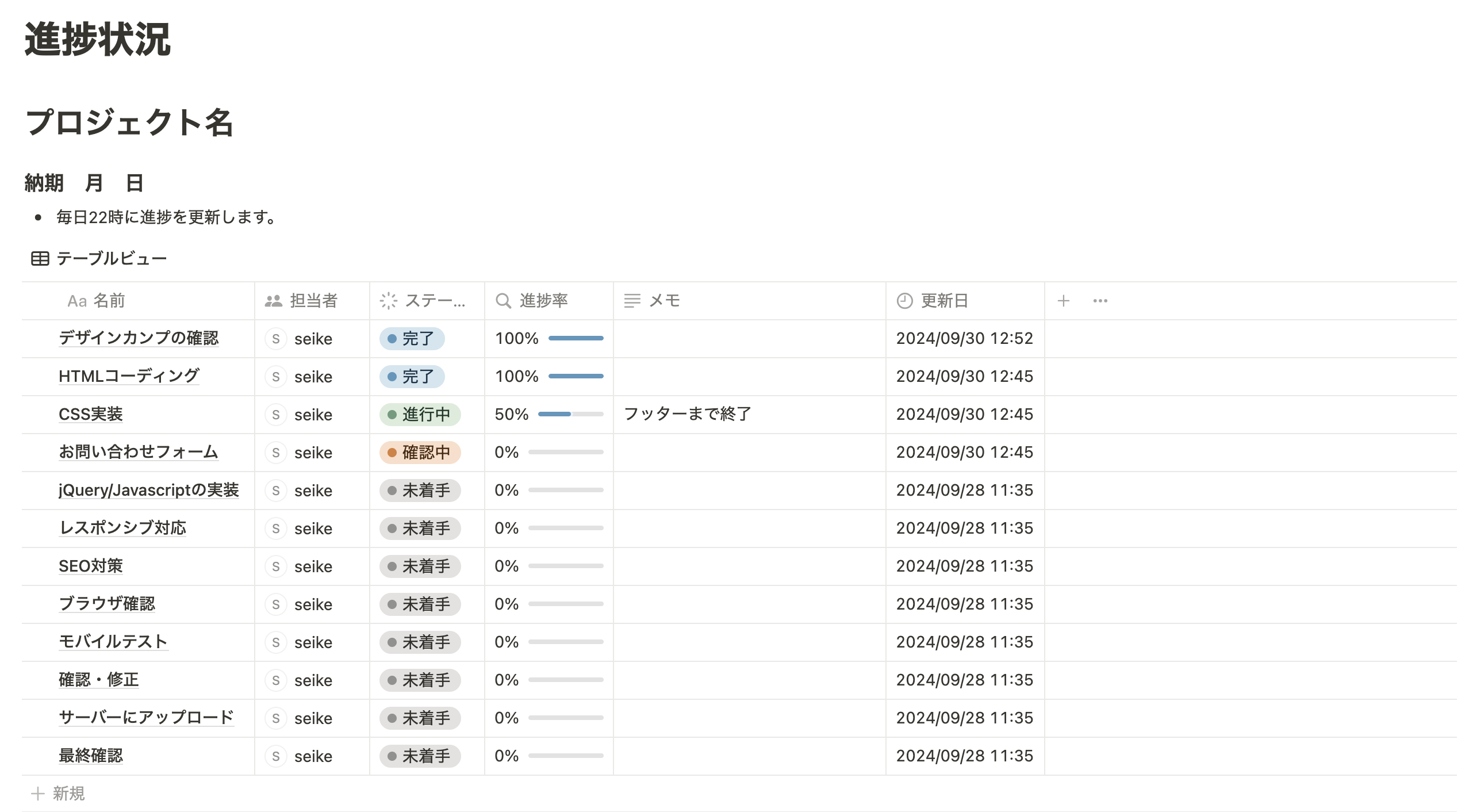 進捗状況管理シート１枚目